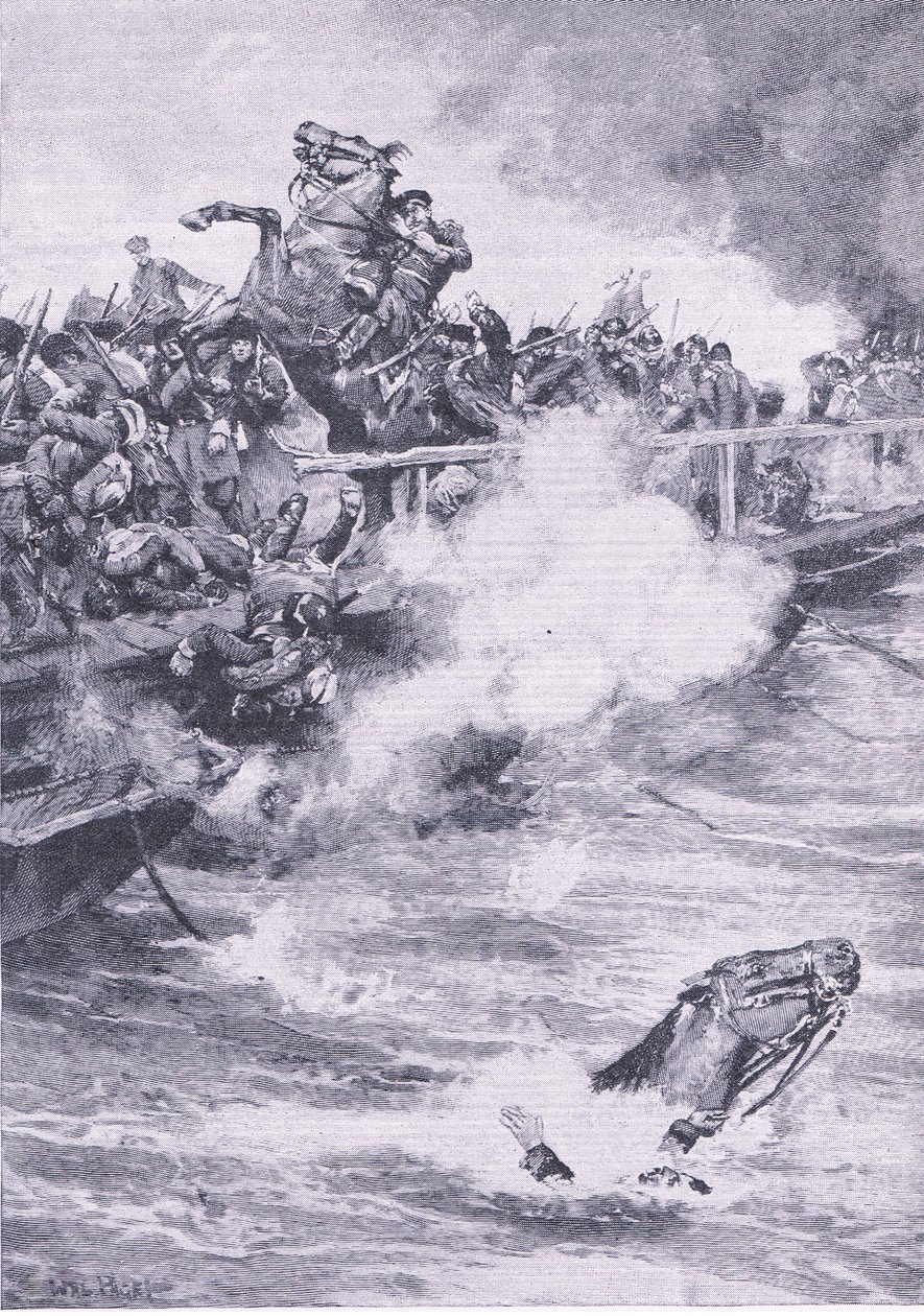 Sevastopol: Ústup přes most člunů, ilustrace z britských bitev na souši a na moři, 1915 od Wal Paget