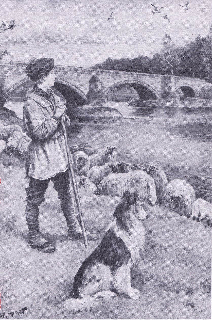 Pohled na starý římský most v Musselburghu podněcuje představivost pastýře Johna Rennieho, z My Magazine, pub. 1922 (litho) od Wal Paget