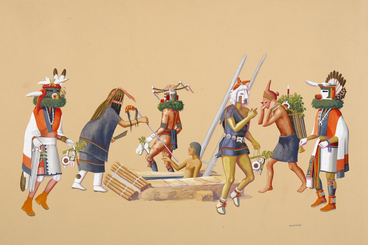 Powamu Ceremony, 1930-40 (tempera na buff woven papíře) od Waldo Mootzka