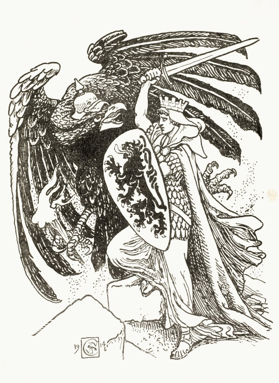 Belgický válečník bojující s německým orlem, 1915 od Walter Crane