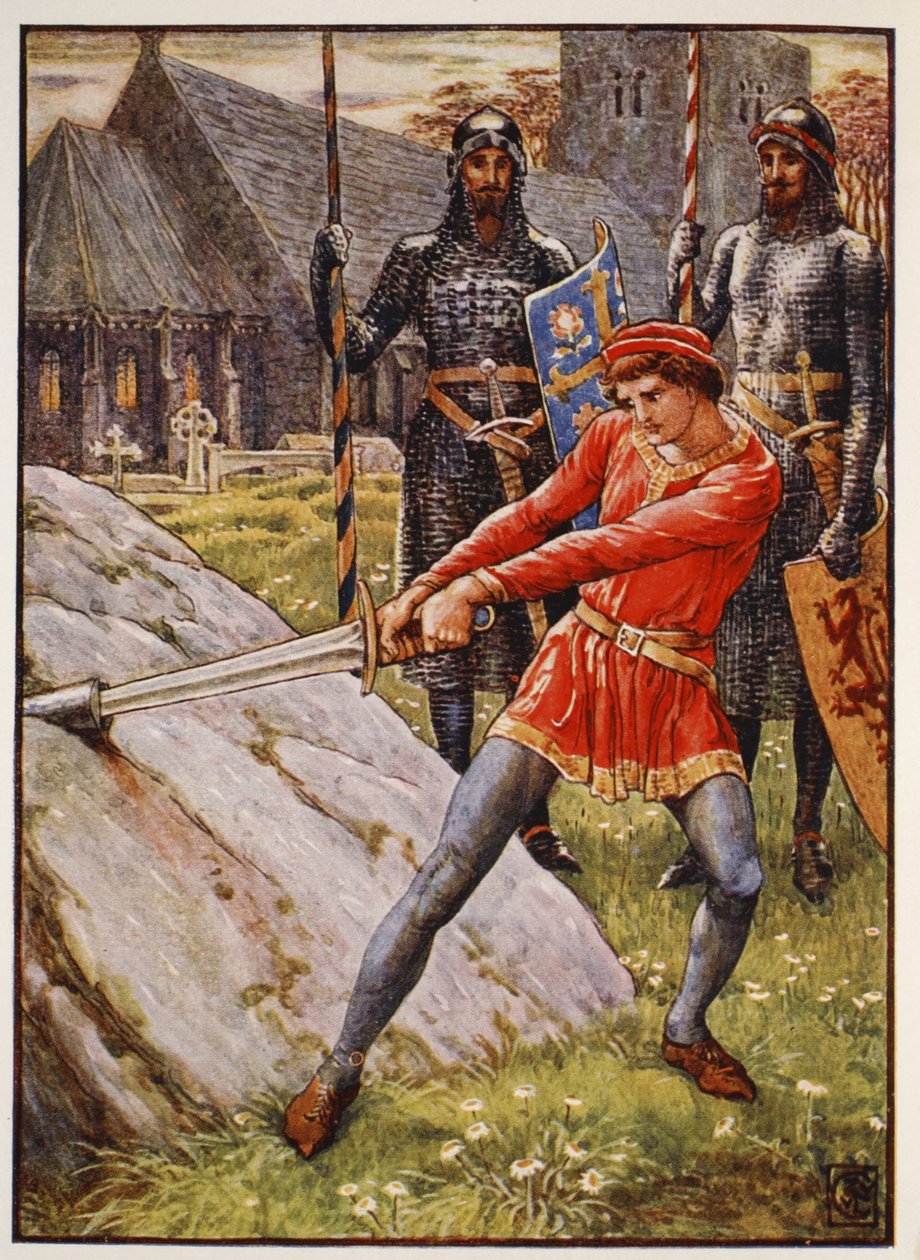 Arthur tasí meč z kamene, frontispis „Příběhy rytířů kulatého stolu“ od Henryho Gilberta, první vydání, 1911 od Walter Crane