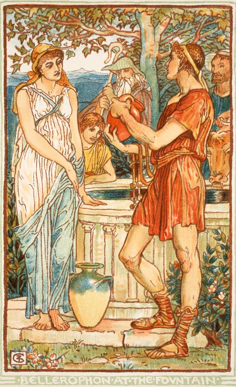 Bellerophon u fontány, ilustrace z knihy "A Wonder-Book for Girls and Boys" od Nathaniala Hawthorna, 1852 od Walter Crane