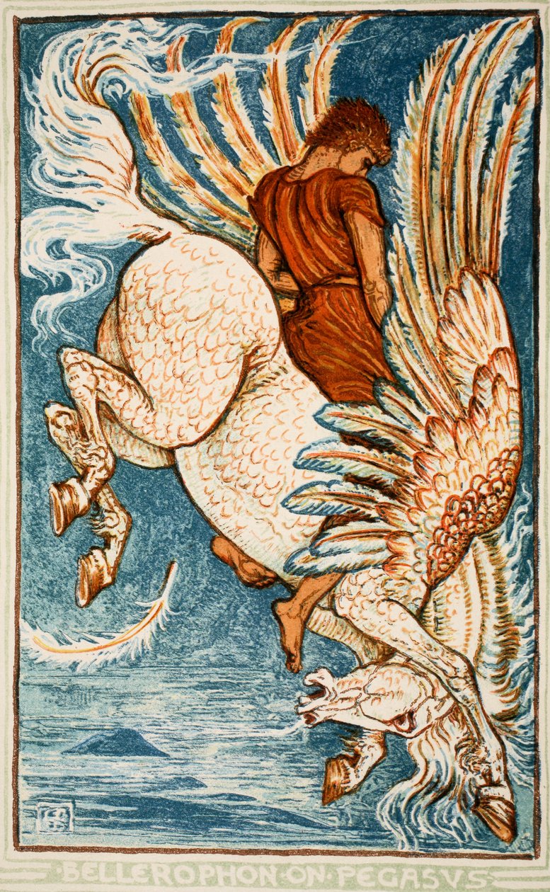 Bellerofón na Pegasovi, ilustrace z knihy "A Wonder-Book for Girls and Boys" od Nathaniala Hawthorna, 1852 od Walter Crane