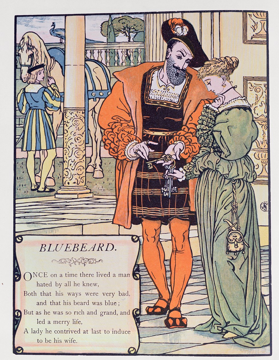 Modrovous a jeho manželka, ilustrace k „Modrovous“ od Charlese Perraulta (1628-1703) (barevná rytina) od Walter Crane