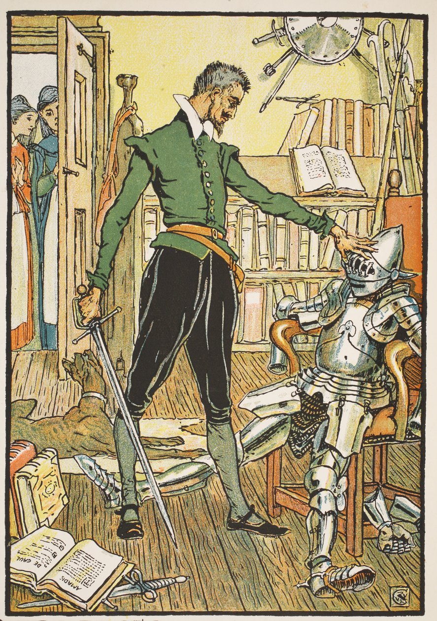 Don Quijote testující svou helmu, ilustrace z 