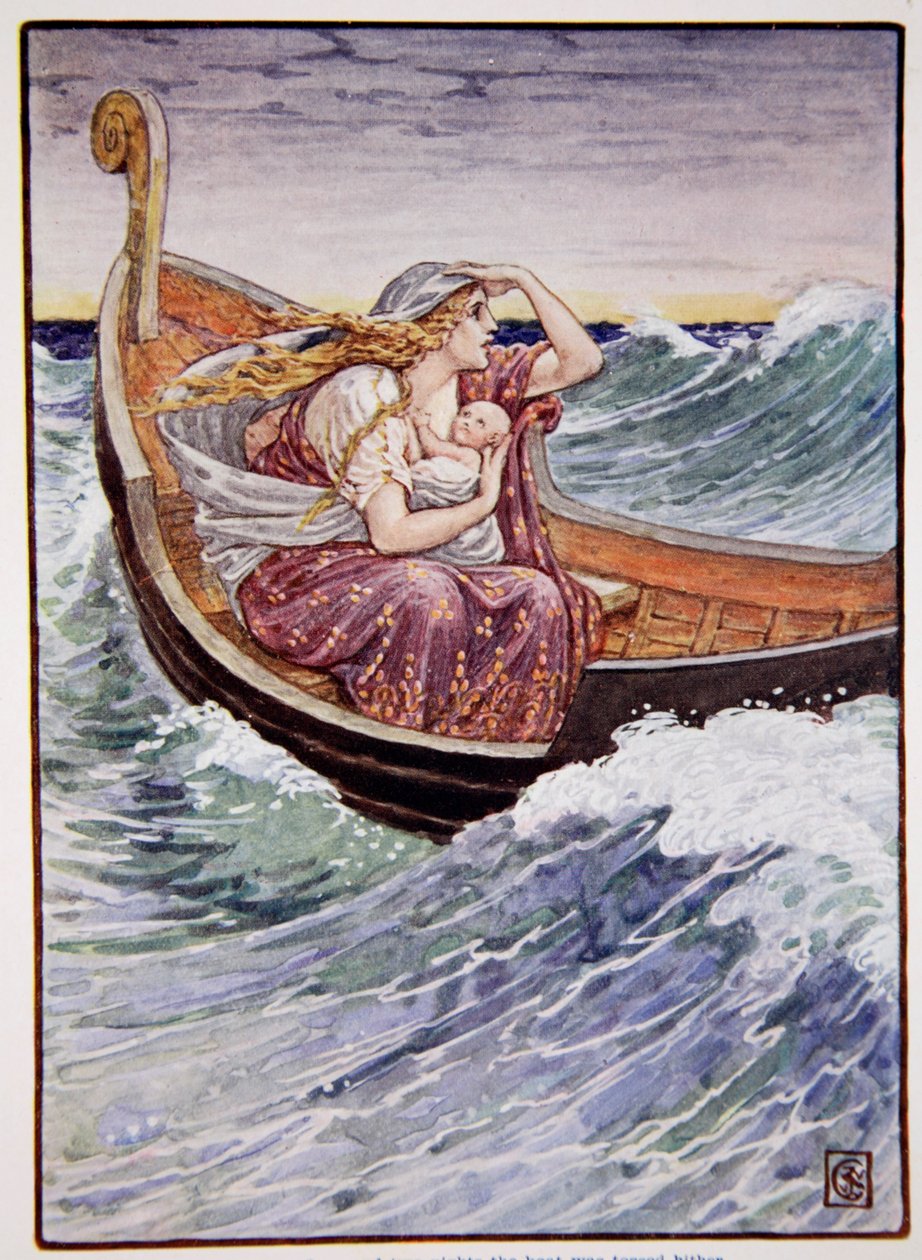 Dva dny a dvě noci se loď házela sem a tam, ilustrace z „Příběhu Řecka“ od Mary Macgregor, 1. vydání, 1913 (barevný tisk) od Walter Crane