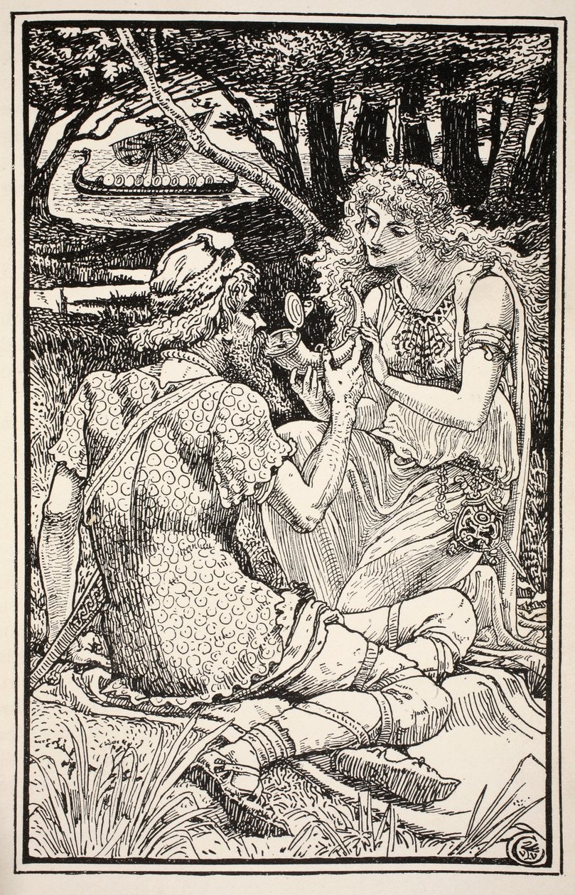 "Mám tady pití, které je hodnější hrdiny," řekl Sunbright s úsměvem, ilustrace z "Lidové a pohádkové příběhy paní Burton Harrisonové", 1885 od Walter Crane