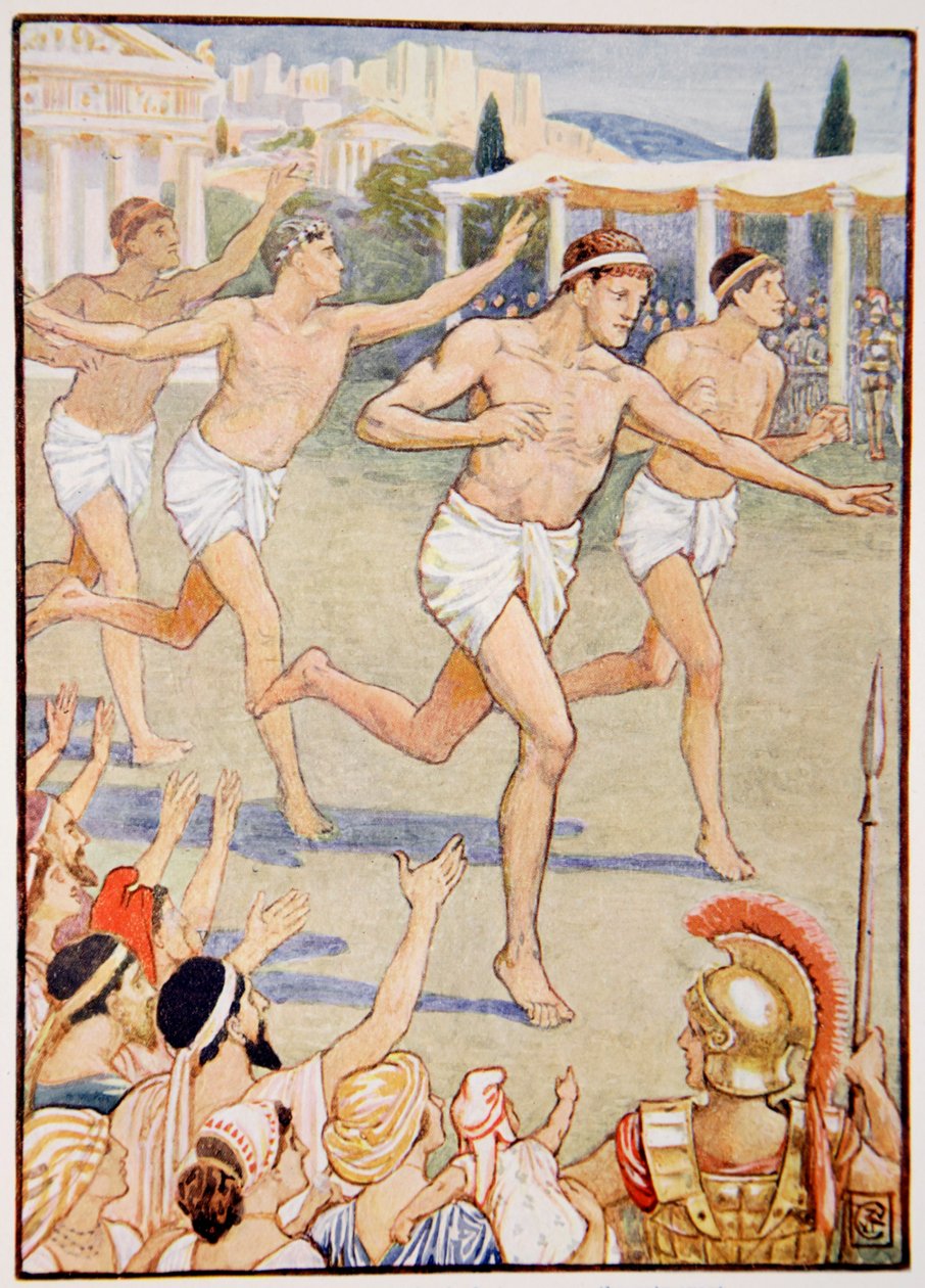 V nejstarších dobách byl jedinou akcí jednoduchý běh v běhu, ilustrace z Příběhu Řecka od Mary Macgregor, 1. vydání, 1913 (barevný tisk) od Walter Crane