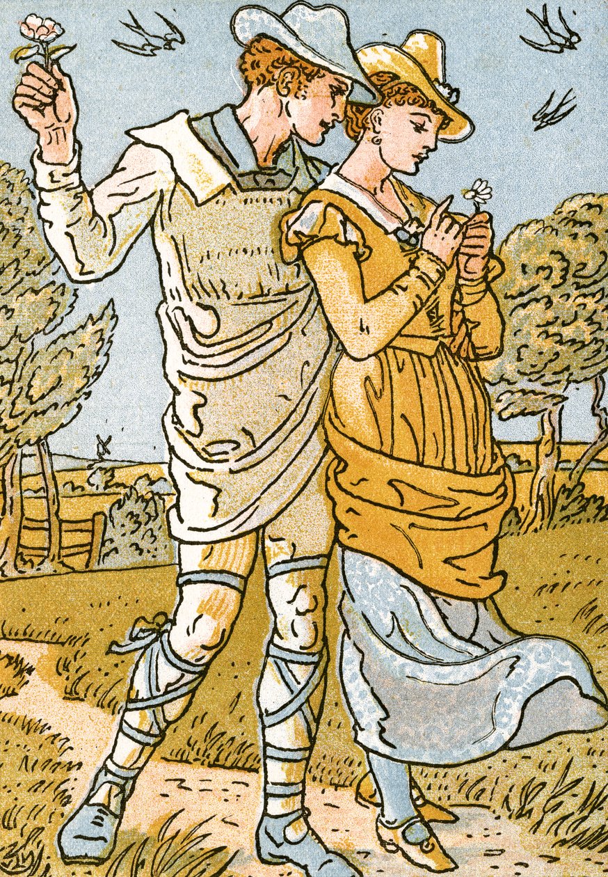 "It was a Lover and his Lass", ilustrace písně z knihy "Pan-Pipes", A Book of Old Songs, Newly Arranged and with Accompaniments by Theo. Marzials, vydáno v Londýně nakladatelstvím George Routledge und Sons, 1884 ( od Walter Crane