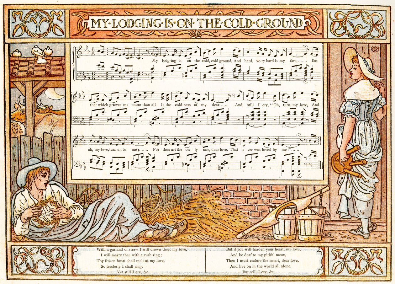 "My Lodging is on the Cold Ground", ilustrace písně z knihy "Pan-Pipes", A Book rf Old Songs, Newly Arranged and with Accompaniments by Theo. Marzials, vydáno v Londýně nakladatelstvím George Routledge und Sons, 1 od Walter Crane