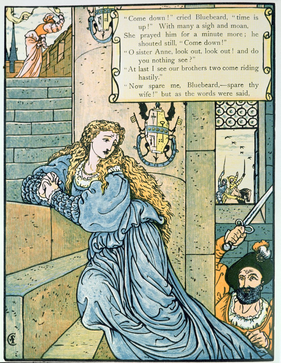 "Ó sestro Anno, nevidíš nic?", ilustrace k filmu Modrovous od Charlese Perraulta (1628-1703) (barevná rytina) od Walter Crane