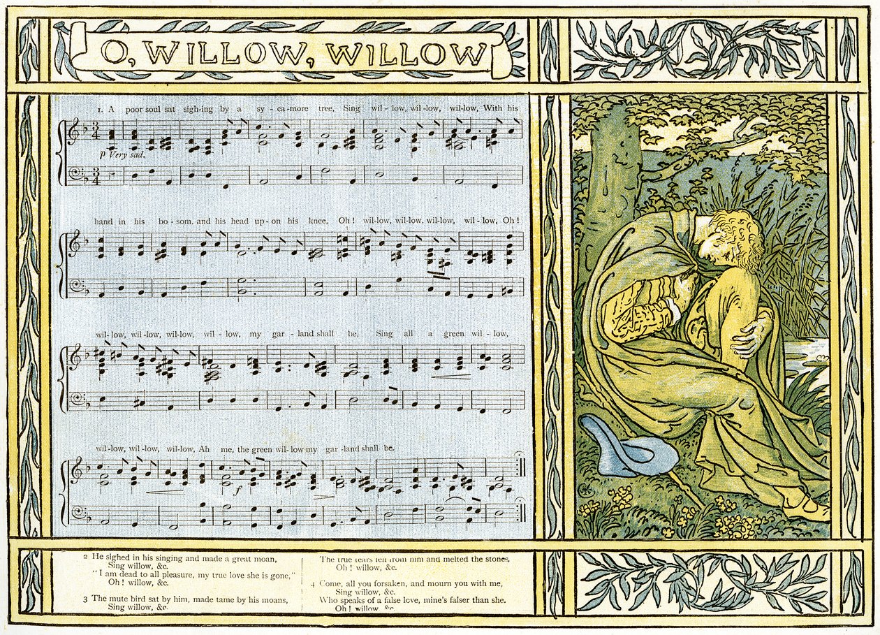 "O Willow, Willow", tradiční anglická lidová píseň, ilustrace z knihy "Pan-Pipes", A Book of Old Songs, Newly Arranged and with Accompaniments by Theo. Marzials, vydáno v Londýně nakladatelstvím George Routledge. od Walter Crane