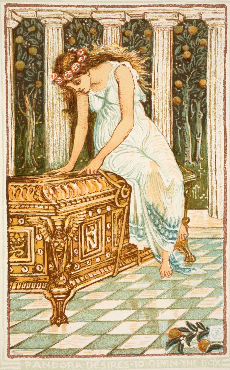 Pandora touží otevřít krabici, ilustrace z „Knihy zázraků pro dívky a chlapce“ od Nathanial Hawthorne, 1852 od Walter Crane