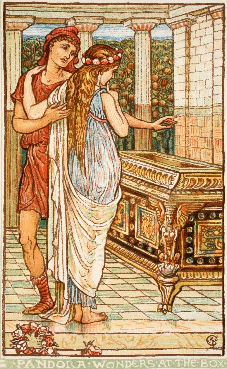 Pandora se diví skříňce, ilustrace z knihy "A Wonder-Book for Girls and Boys" od Nathaniala Hawthorna, 1852. od Walter Crane