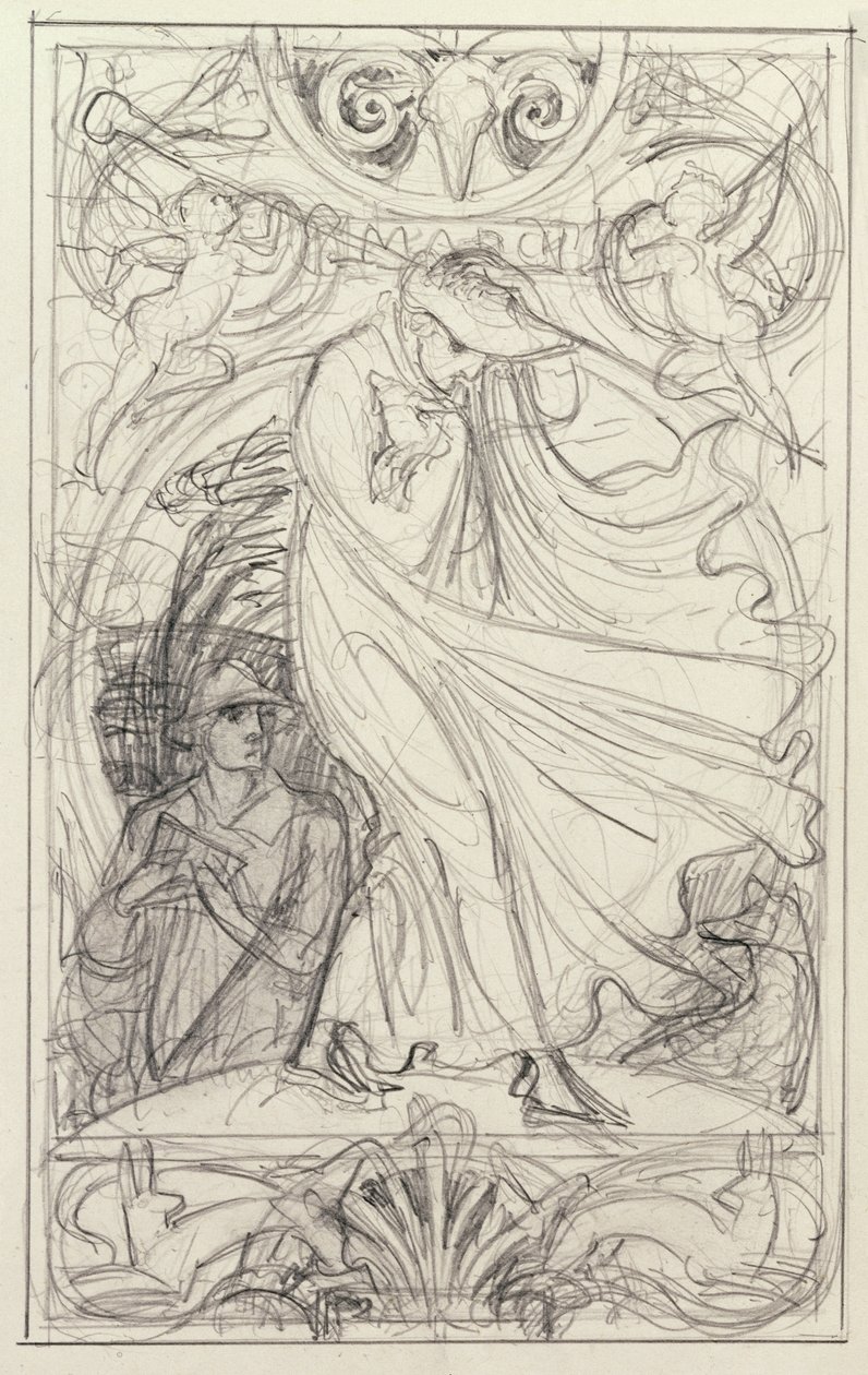 Přípravná kresba pro kalendář, cca 1890 (tužka, pero a inkoust s lavírováním na papíře) od Walter Crane