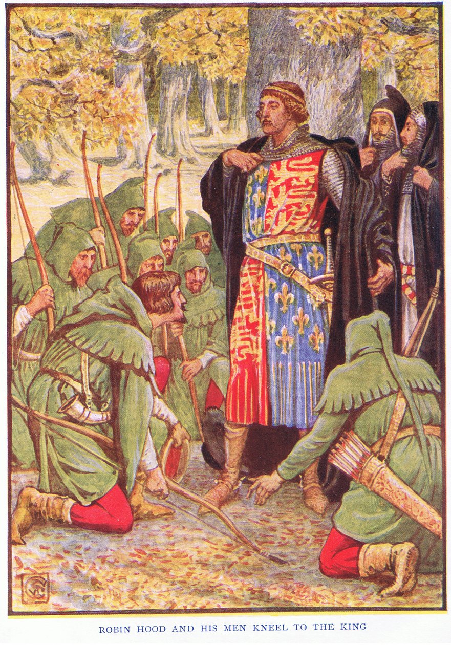 Robin a jeho muži pokleknou ke králi, kolem roku 1920 od Walter Crane