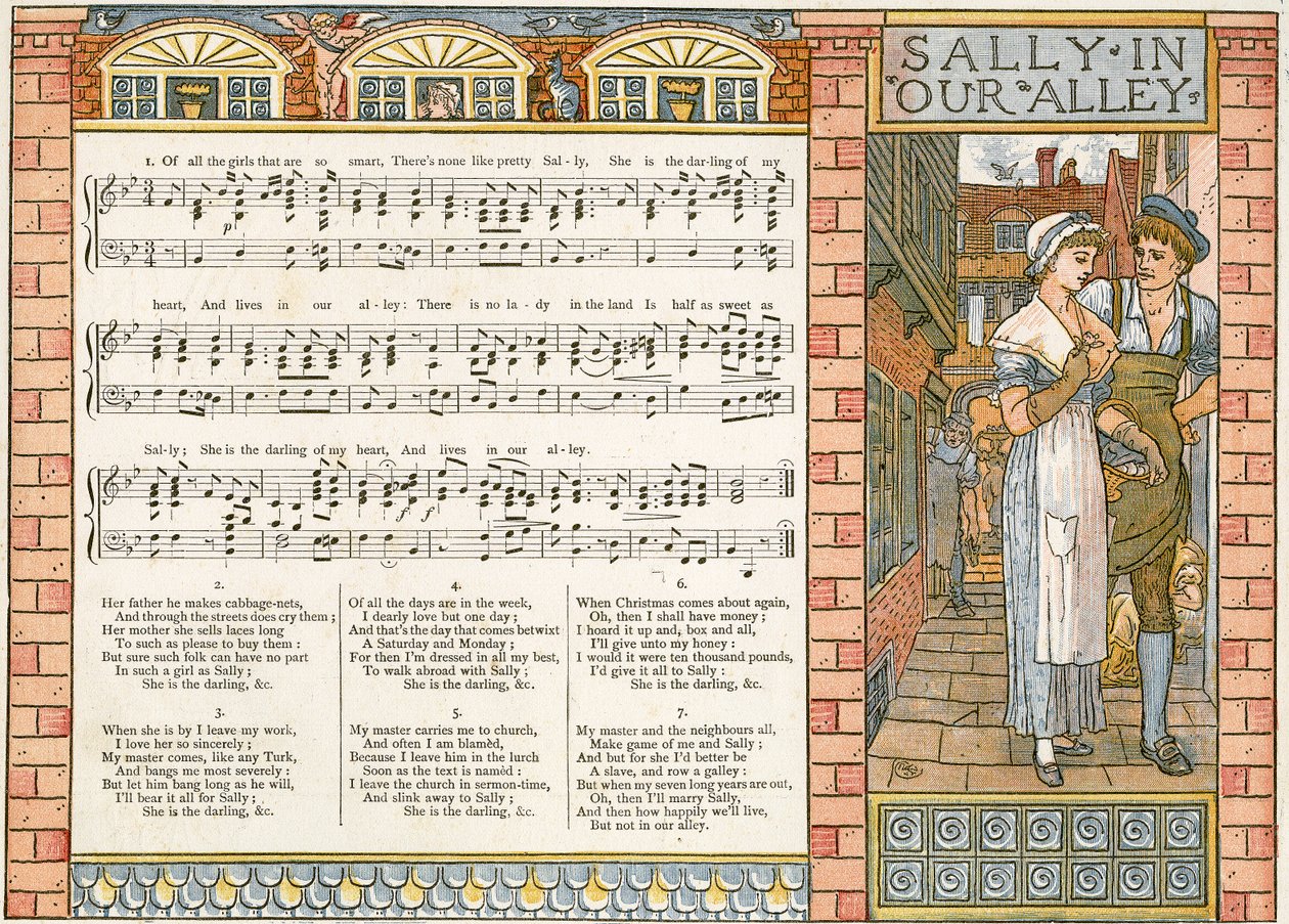"Sally in our Alley", ilustrace písně z knihy "Pan-Pipes", A Book of Old Songs, Newly Arranged and with Accompaniments by Theo. Marzials, vydáno v Londýně nakladatelstvím George Routledge und Sons, 1884 (barevná li od Walter Crane