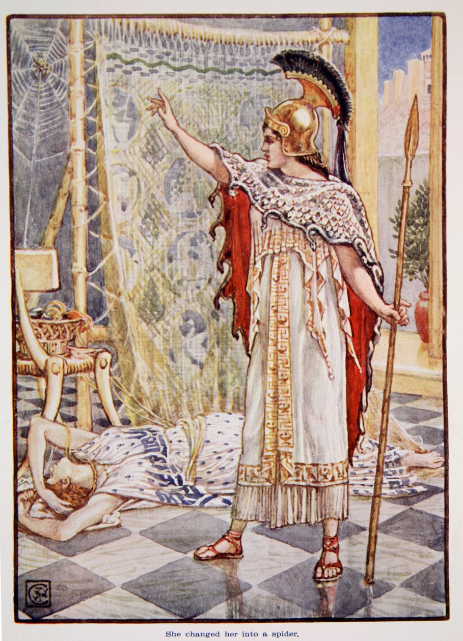 Proměnila ji v pavouka, ilustrace z „Příběhu Řecka“ od Mary Macgregor, 1. vydání, 1913 (barevný tisk) od Walter Crane