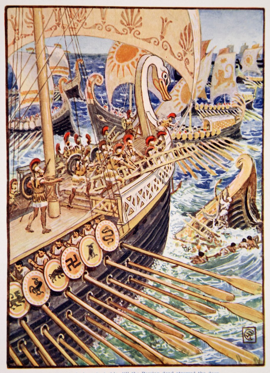 Loď se řítila proti lodi, dokud perští mrtví neposypali hluboké „jako květiny“, ilustrace z „Příběhu Řecka“ od Mary Macgregor, 1. vydání, 1913 (barevný tisk) od Walter Crane
