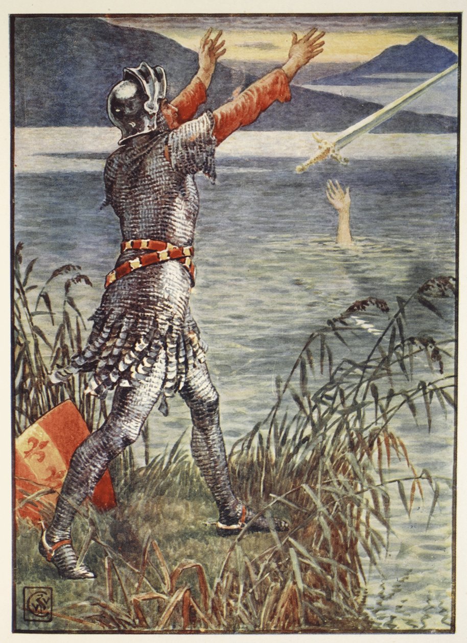 Sir Bedivere vrhá do jezera meč Excalibur z „Příběhů rytířů kulatého stolu“ od Henryho Gilberta, první vydání, 1911 od Walter Crane