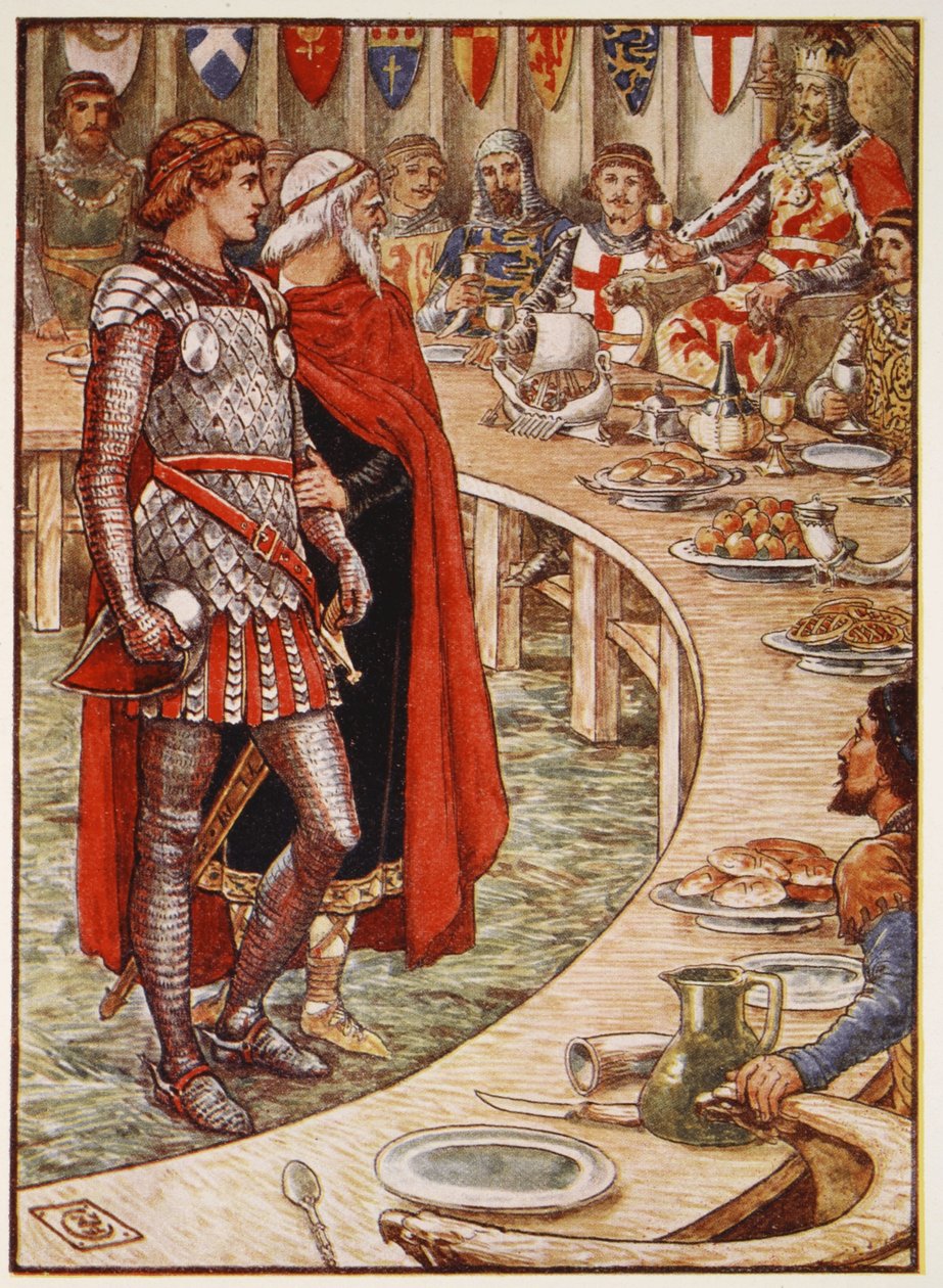 Sir Galahad je přiveden na dvůr krále Artuše z „Příběhů rytířů kulatého stolu“ od Henryho Gilberta, první vydání, 1911 od Walter Crane
