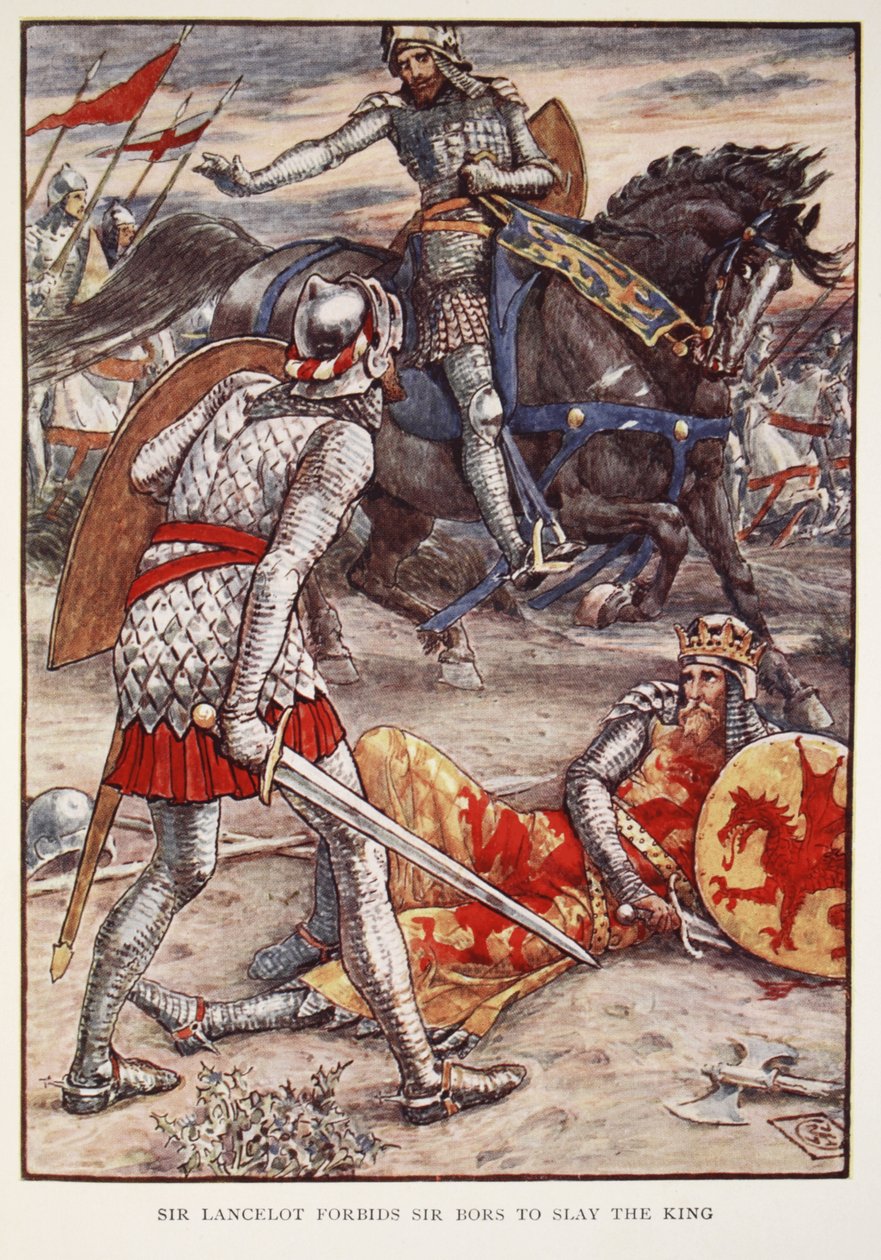 Sir Lancelot zakazuje siru Borsovi zabít krále, z knihy Henryho Gilberta "Příběhy rytířů kulatého stolu", první vydání, 1911. od Walter Crane