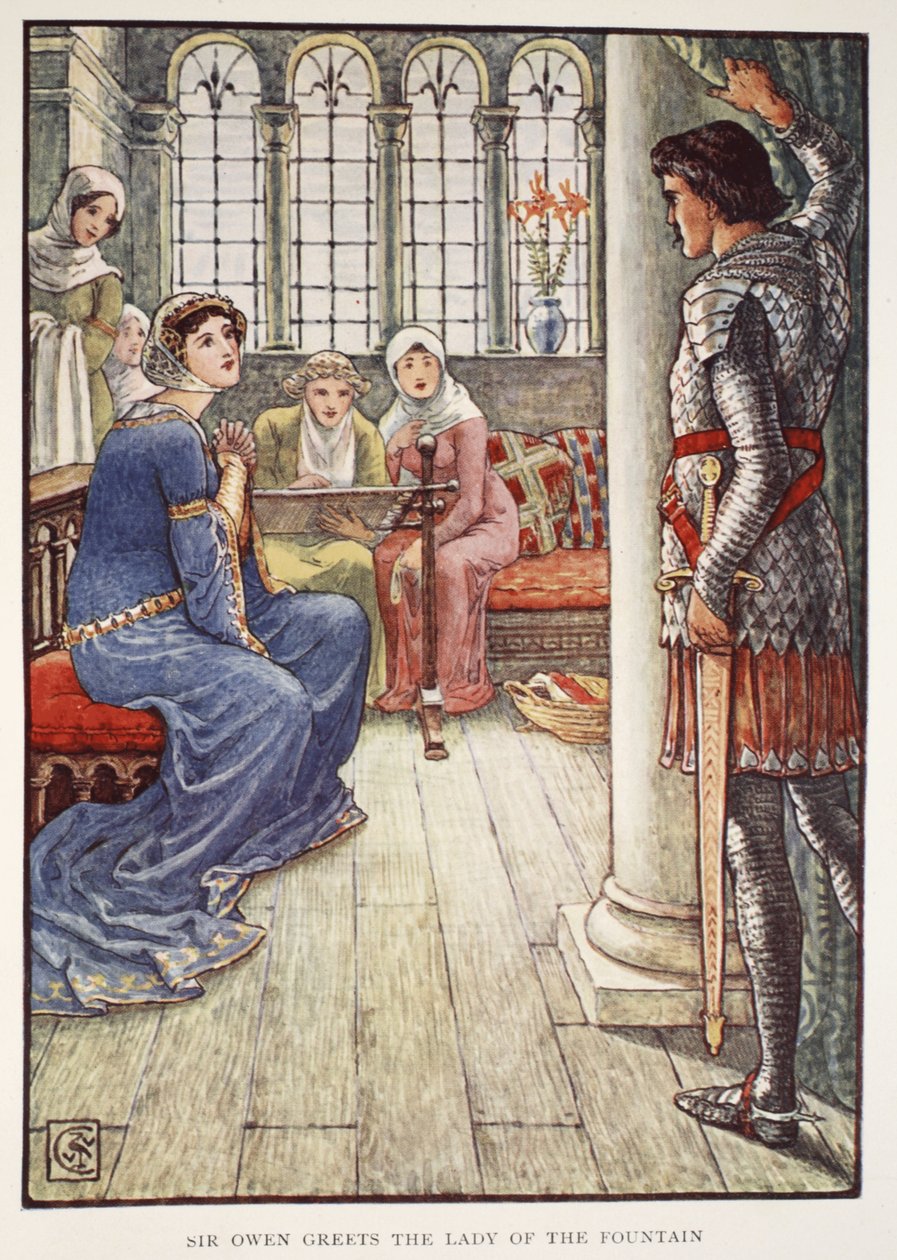 Sir Owen vítá paní fontány, z „Příběhů rytířů kulatého stolu“ od Henryho Gilberta, první vydání, 1911 od Walter Crane