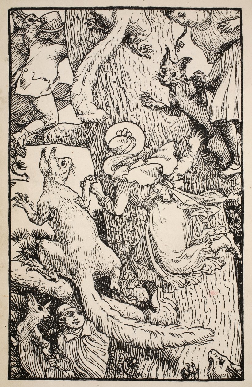 Děti vylezly na vánoční strom se zvířaty a vším, ilustrace z „Lidové a pohádkové příběhy paní Burton Harrisonové“, 1885 od Walter Crane