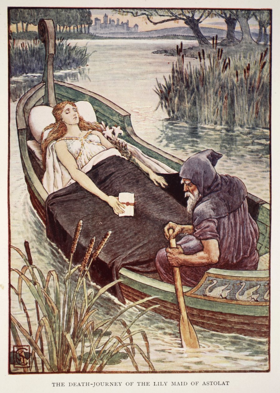 Cesta smrti Lily Maid z Astolatu, z „Příběhů rytířů kulatého stolu“ od Henryho Gilberta, první vydání, 1911 od Walter Crane