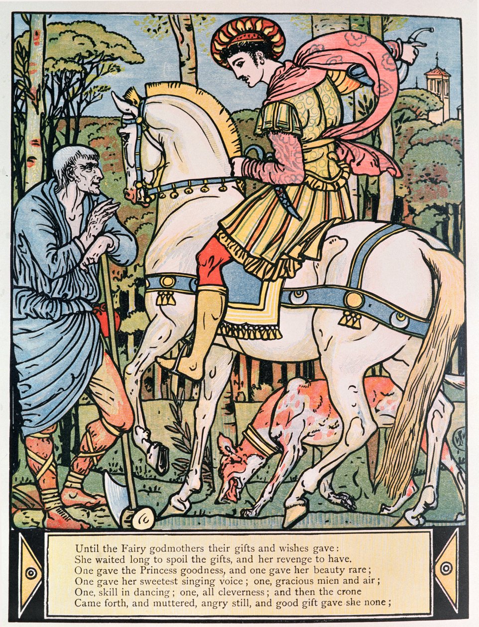 Princ se radí se sedlákem, ilustrace k filmu "Šípková Růženka" od Charlese Perraulta (1628-1703) (barevná rytina) od Walter Crane