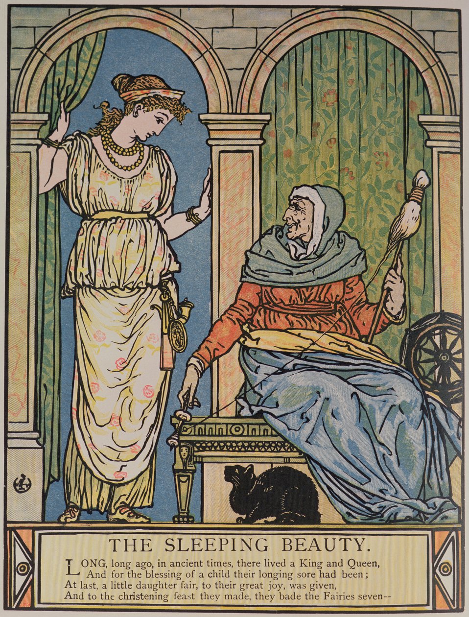 Princezna a stará žena s kolovrátkem, ilustrace k Šípkové Růžence od Charlese Perraulta (1628-1703) (barevná rytina) od Walter Crane