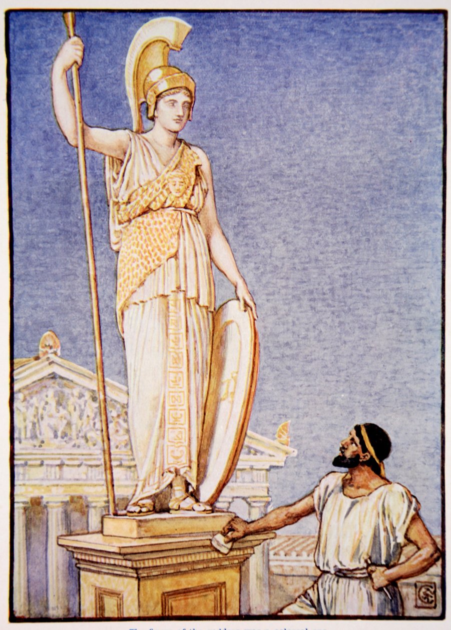 Postava bohyně byla kolosální, ilustrace z „Příběhu Řecka“ od Mary Macgregor, 1. vydání, 1913 (barevný tisk) od Walter Crane