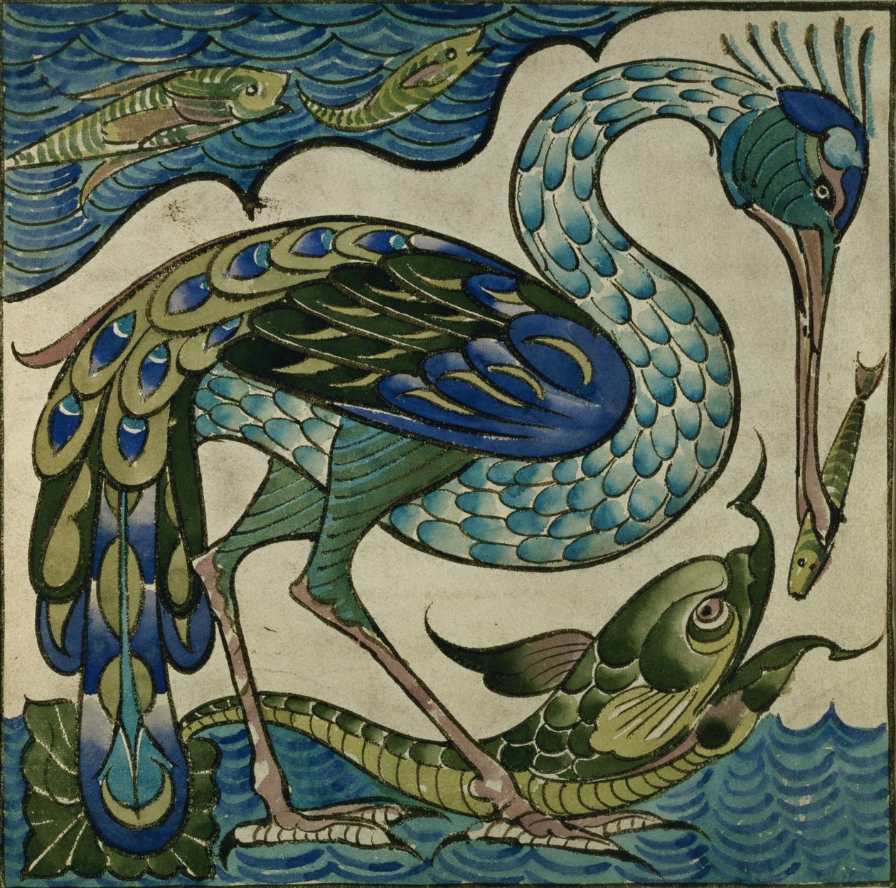 Dlaždicový design volavky a ryby, Walter Crane (1845-1915) od Walter Crane