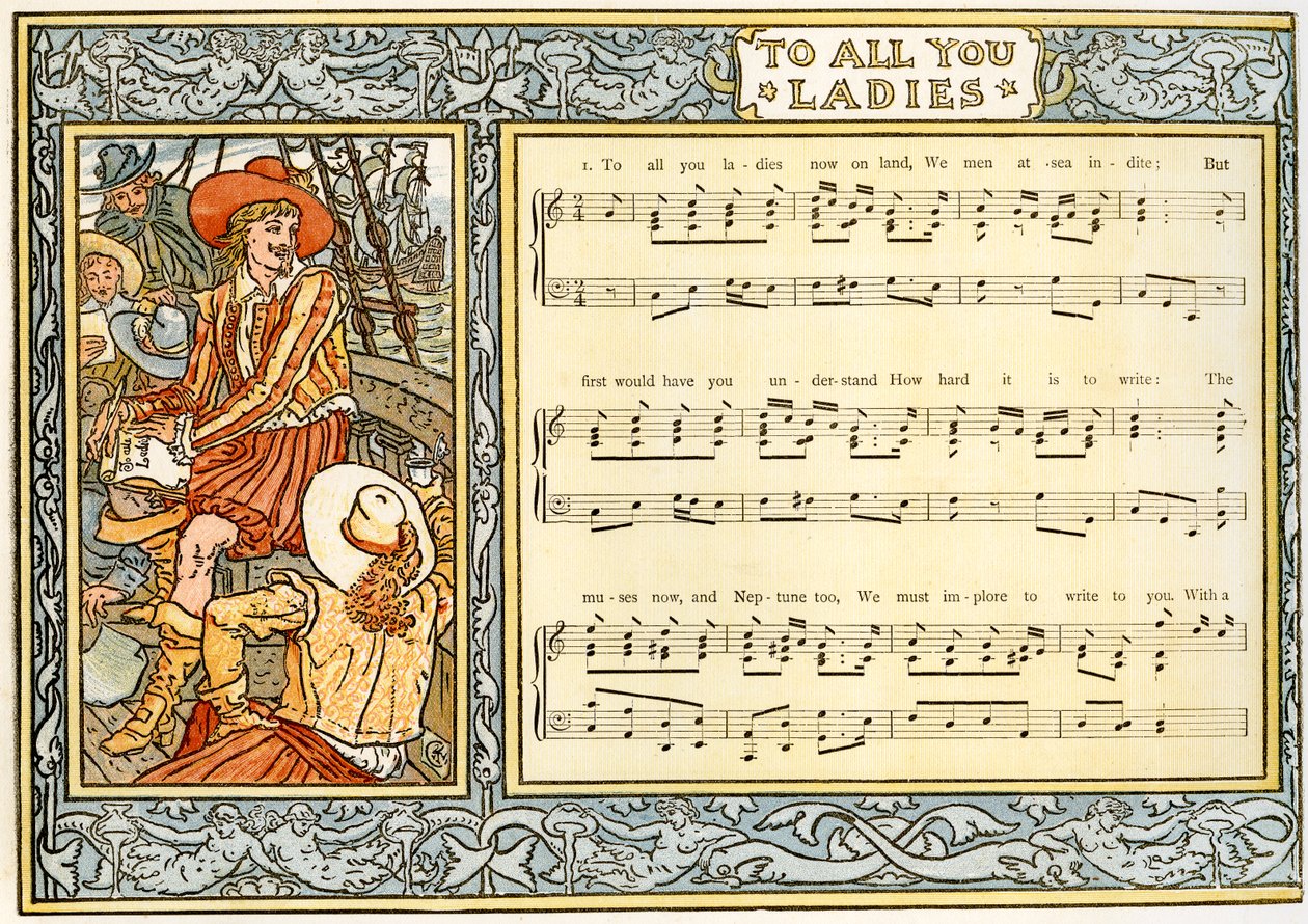 „Všem, dámy, nyní na souši, my muži na moři indite“, ilustrace písně z „Pan-Pipes“, Kniha starých písní, nově aranžovaná as doprovodem Thea. Marzials, vydané v Londýně nakladatelstvím George od Walter Crane