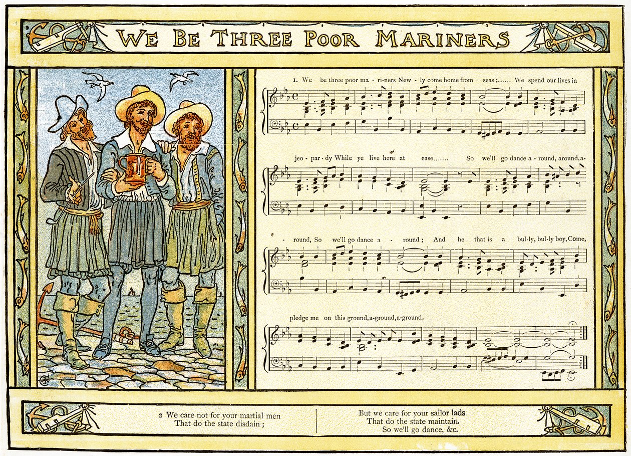 "We Be Three Poor Mariners", ilustrace písně z knihy "Pan-Pipes", A Book of Old Songs, Newly Arranged and with Accompaniments by Theo. Marzials, vydáno v Londýně nakladatelstvím George Routledge und Sons, 1884 (spoluautorství od Walter Crane