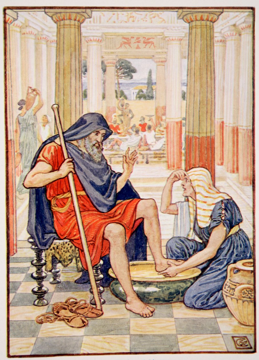 „Ano, vpravdě, ty jsi Odysseus“, ilustrace z „Příběhu Řecka“ od Mary Macgregor, 1. vydání, 1913 (barevný tisk) od Walter Crane
