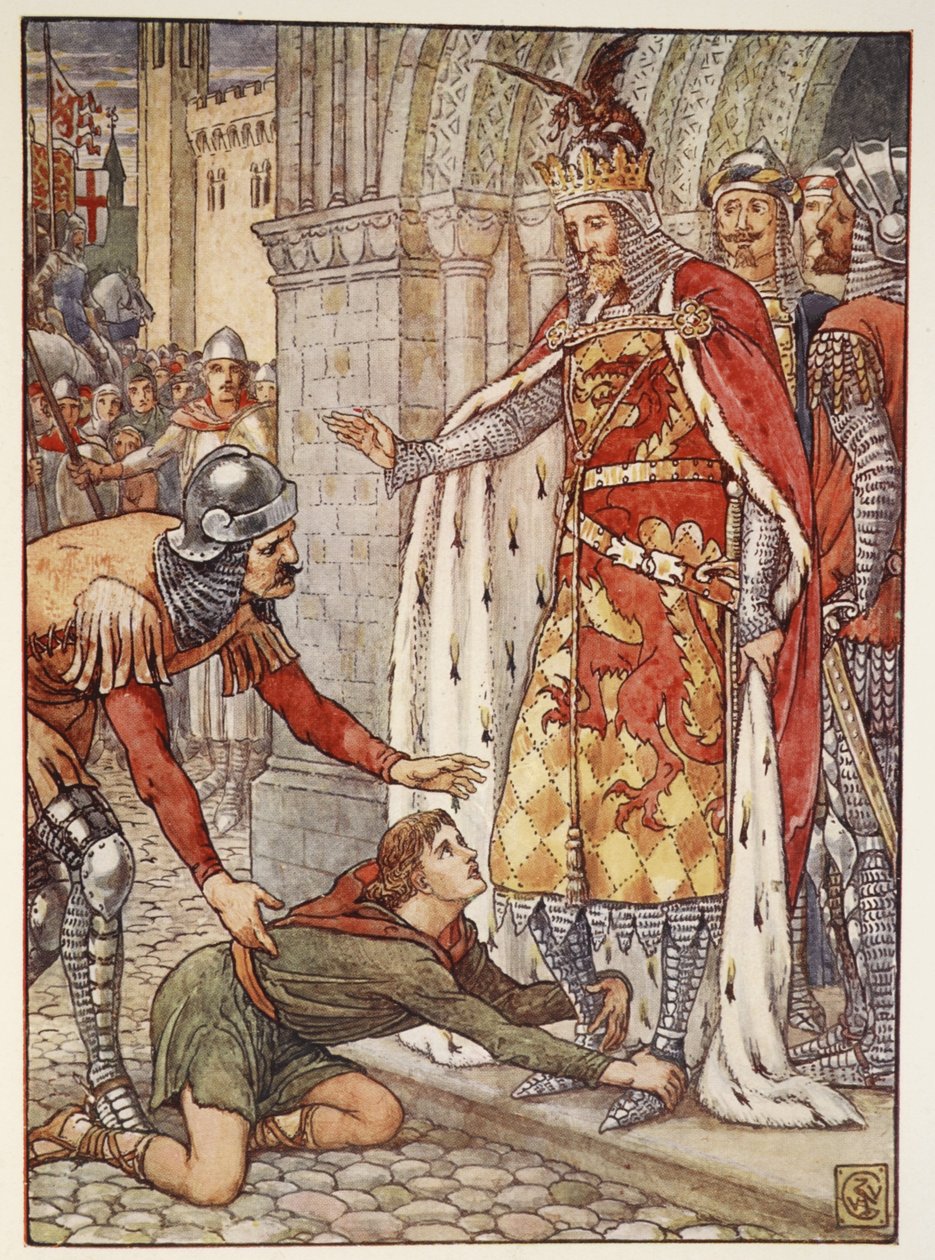 Mladý Owen apeluje na krále, z knihy Henryho Gilberta "Příběhy rytířů kulatého stolu", první vydání, 1911. od Walter Crane