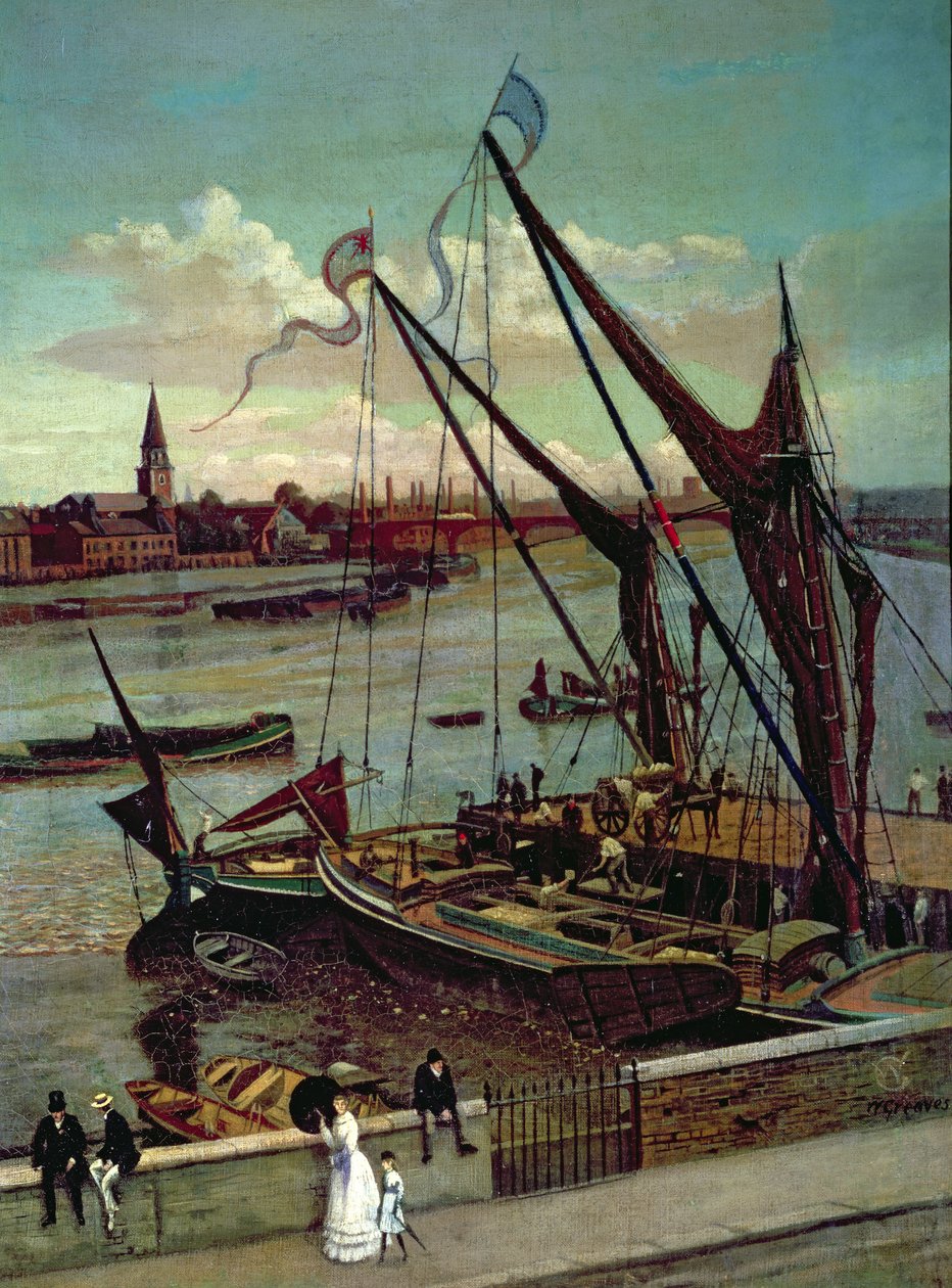 Vykládání člunu, molo Lindsay a kostel Battersea, kolem roku 1860 od Walter Greaves