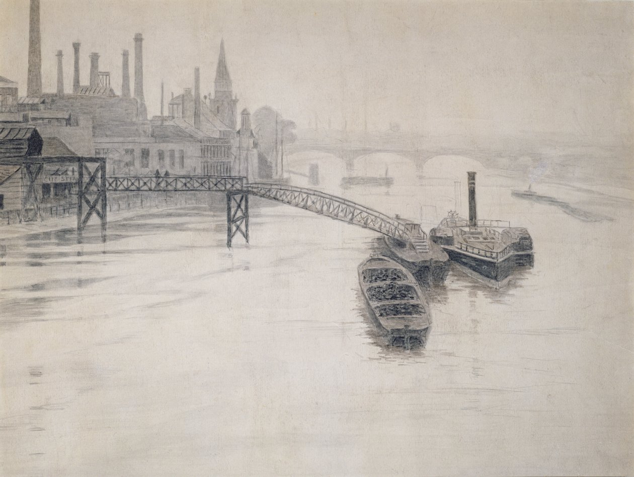 Pohled na Temži, molo City Stream Company, elektrárna Battersea od Walter Greaves