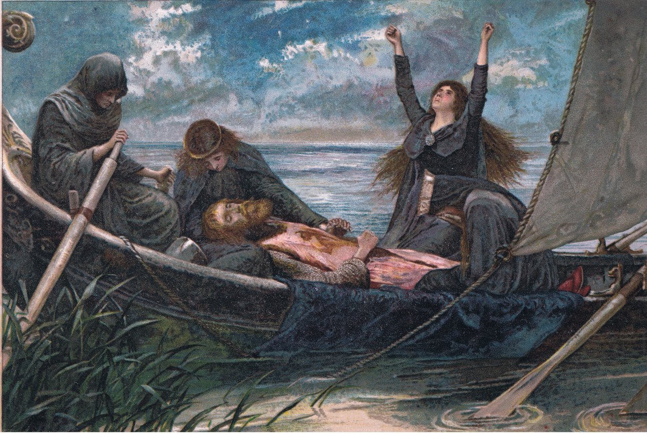 The Passing of Arthur, ilustrace z Tennyson Pictures vydané E P Dutton & Co, kolem roku 1900 od Walter Paget