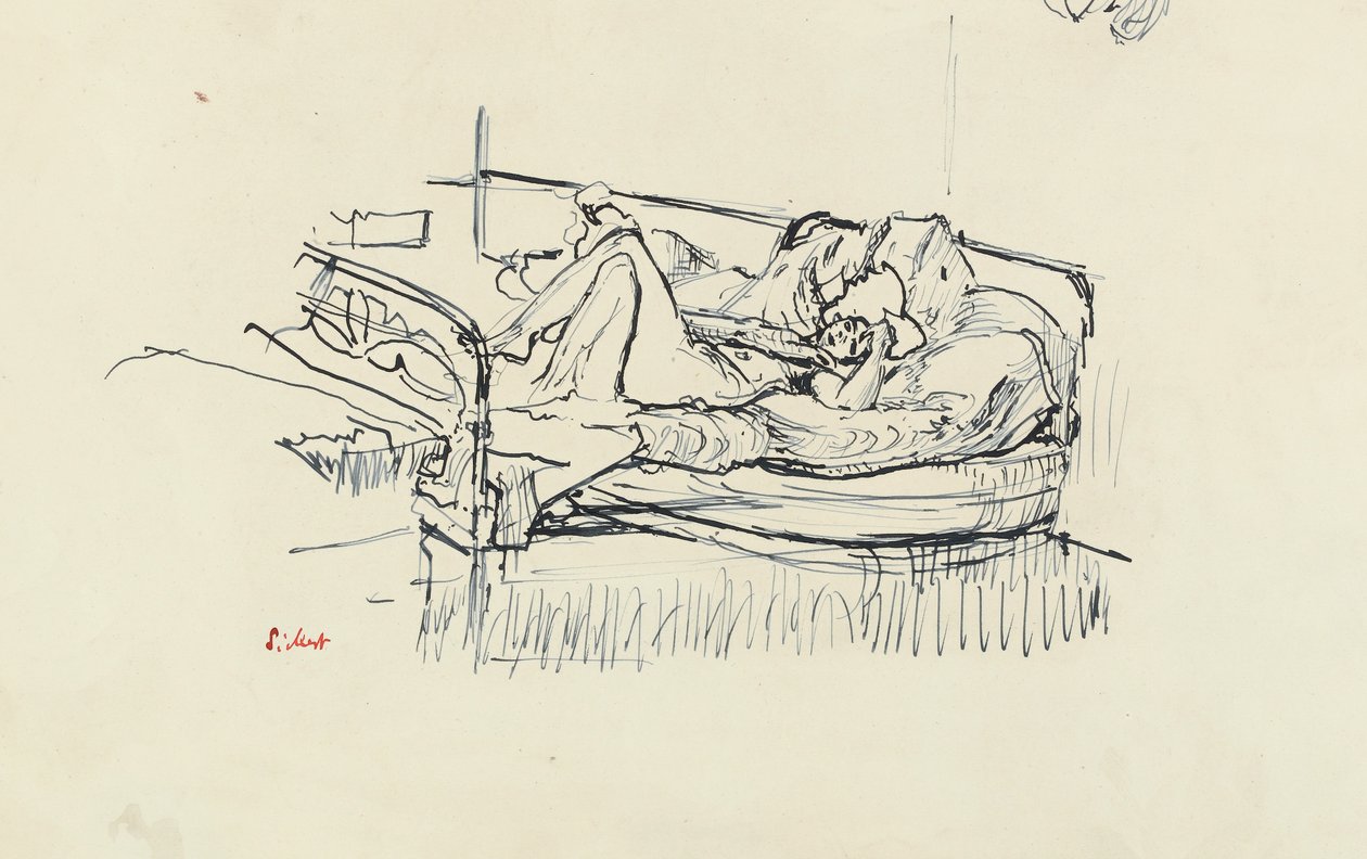 Akt ležící na posteli (pero a modrý inkoust na papíře) od Walter Richard Sickert