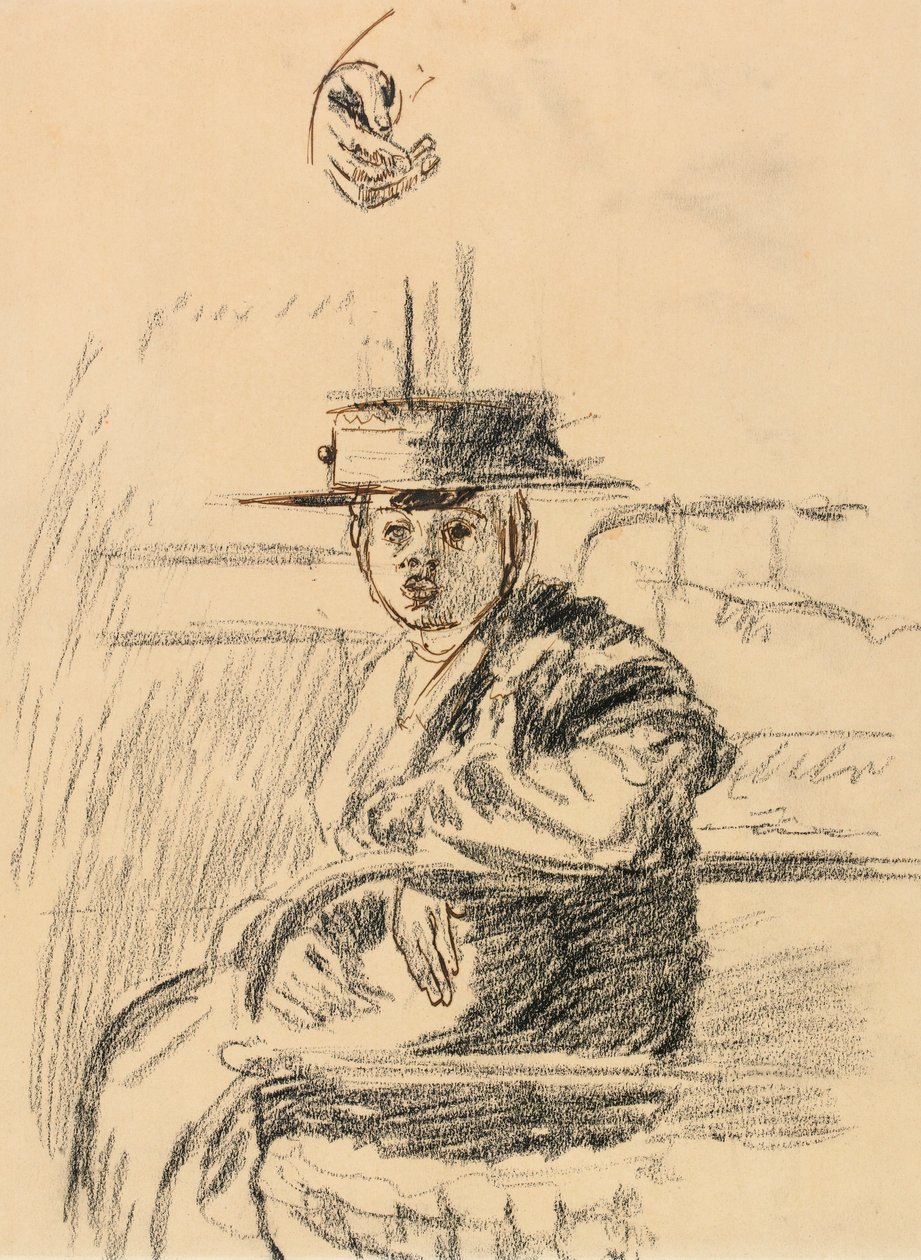 Sedící žena se slaměným člunem (uhlí s perem a hnědým inkoustem na papíře) od Walter Richard Sickert