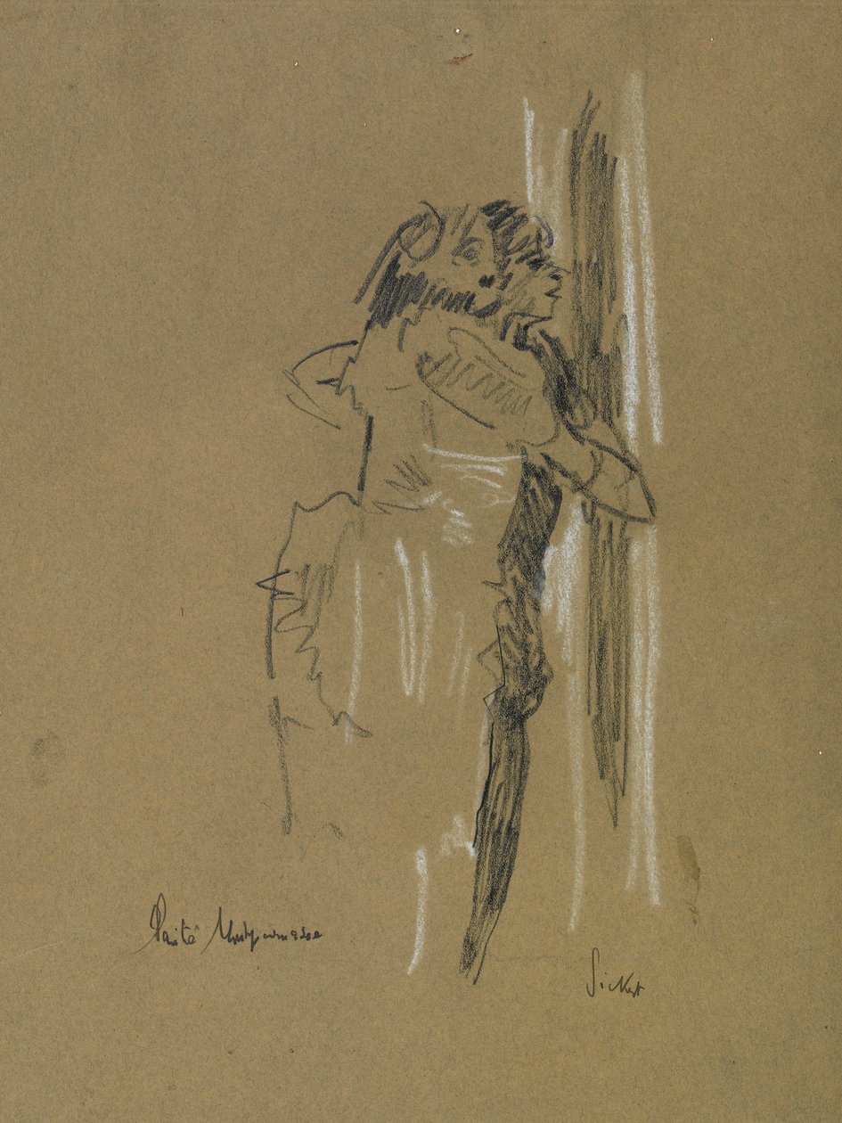 Dvě stojící postavy, kolem roku 1907 (černá a bílá křída na vybledlém modrém papíře) od Walter Richard Sickert