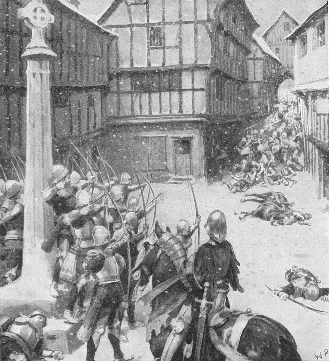 Tělo lučištníků se zformovalo a střílelo šíp za šípem do hloučku nepřátel, ilustrace z knihy "British Battles on Land and Sea", vydané nakladatelstvím Cassell, Londýn, cca 1910. od Walter Stanley Paget