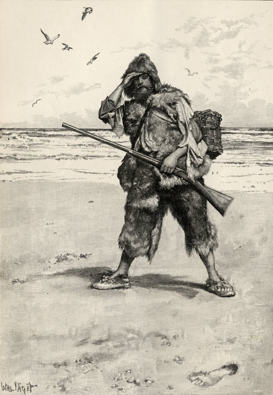"Stál jsem jako zasažený hromem", ilustrace z knihy "Robinson Crusoe" od Daniela Defoa (1660-1731), kterou vydalo nakladatelství Cassell and Company, 1896. od Walter Stanley Paget