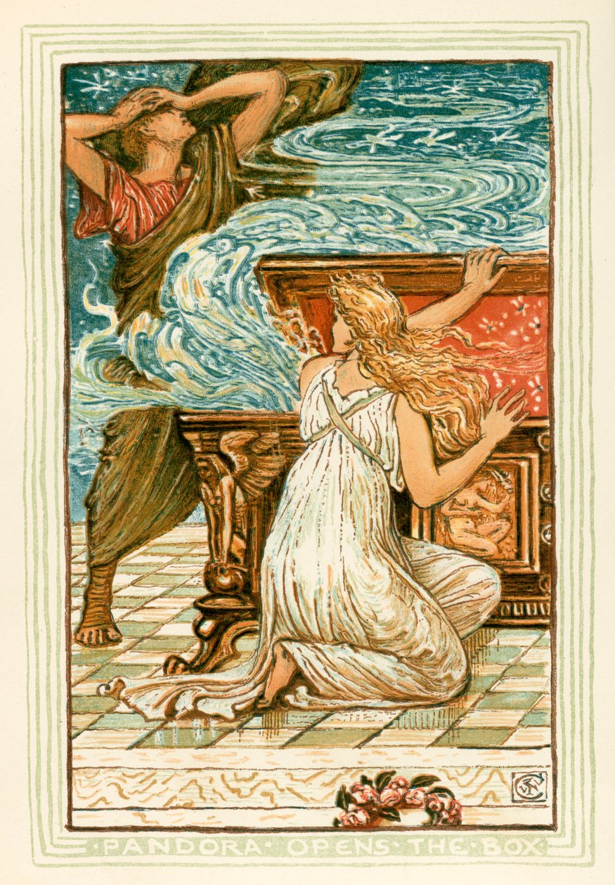 Pandora otevírá skříňku (barevná litografie) od Walter (after) Crane