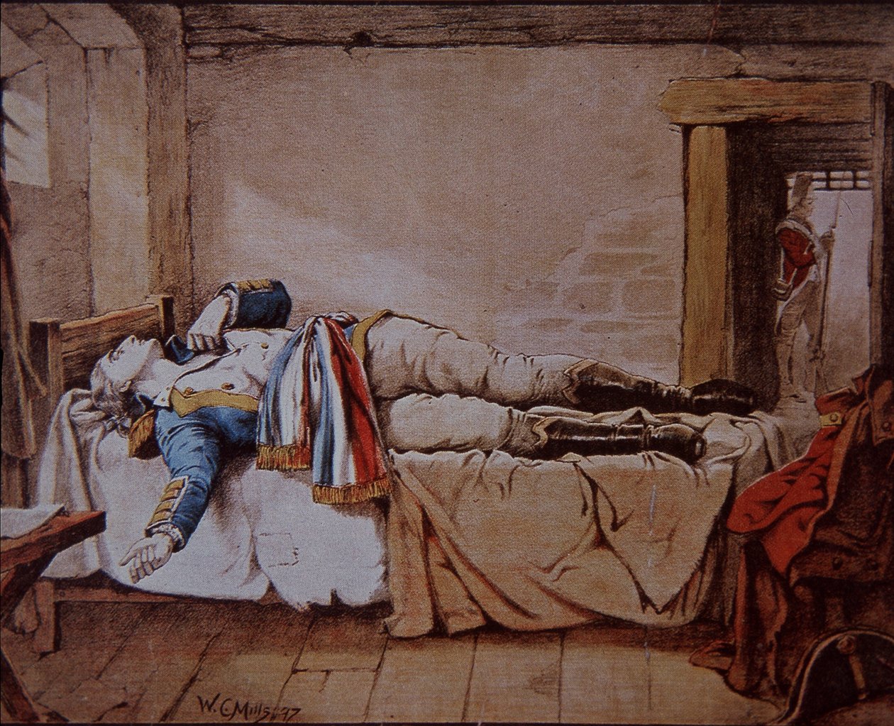 Theobald Wolfe Tone, zakládající člen Společnosti sjednocených Irů, spáchá sebevraždu, místo aby byl Brity oběšen za svou roli v plánované francouzské invazi do Irska v roce 1798. od Walter Charles Mills