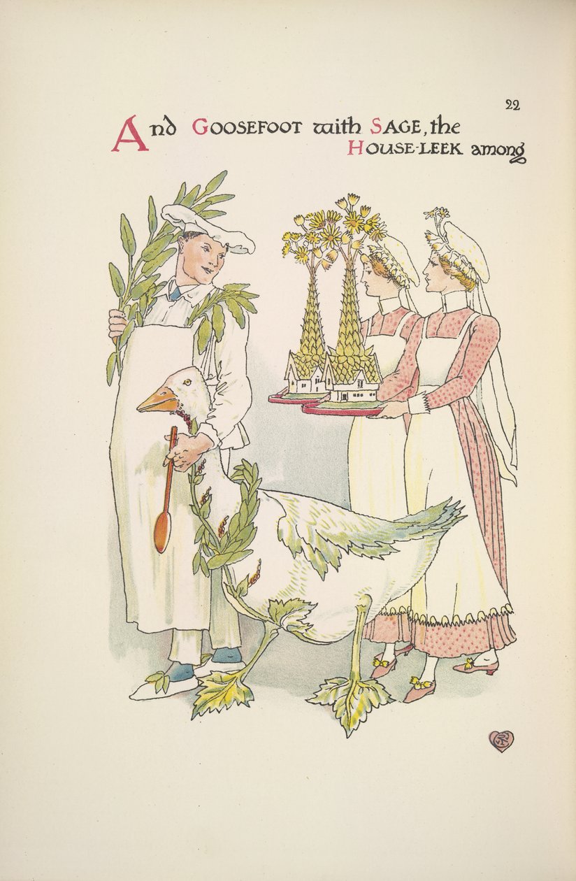 Kuchař drží husu. Dvě dámy nesou podnosy od Walter Crane