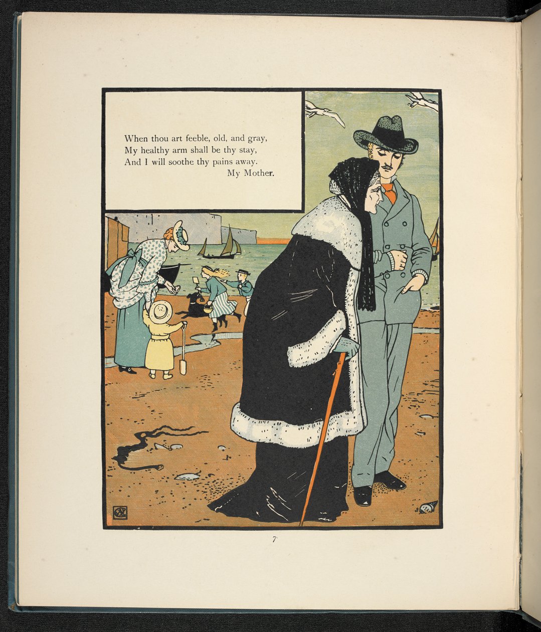 Muž s matkou na pláži. od Walter Crane