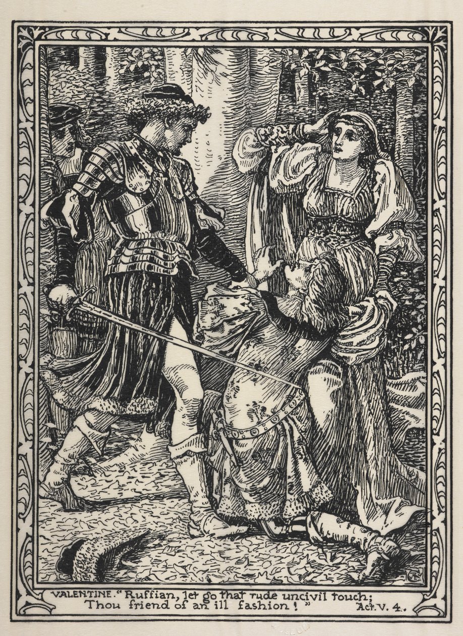 Scéna z filmu „Dva gentlemani z Verony“. Když Silvia vykřikne, Valentine vztekle vyskočí z křoví a prokleje Protea za jeho zradu od Walter Crane